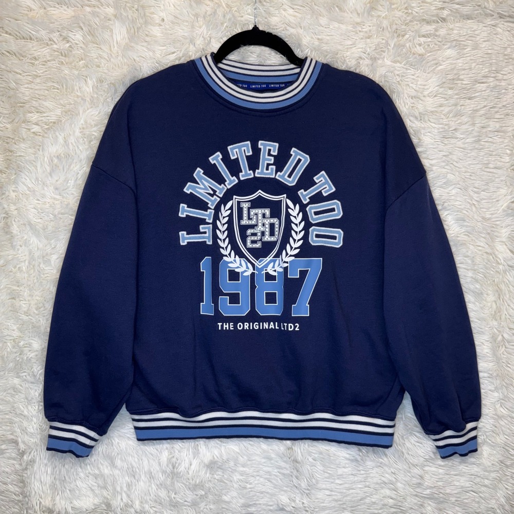 Limited Too‎ Navy Blue Varsity 1987 Striped Crewneck Youth XL Fits Oversized